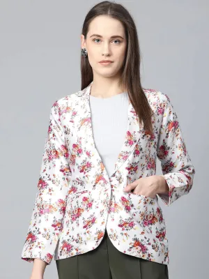 Women Grey & Pink Satin Floral Print Single-Breasted Casual Blazer