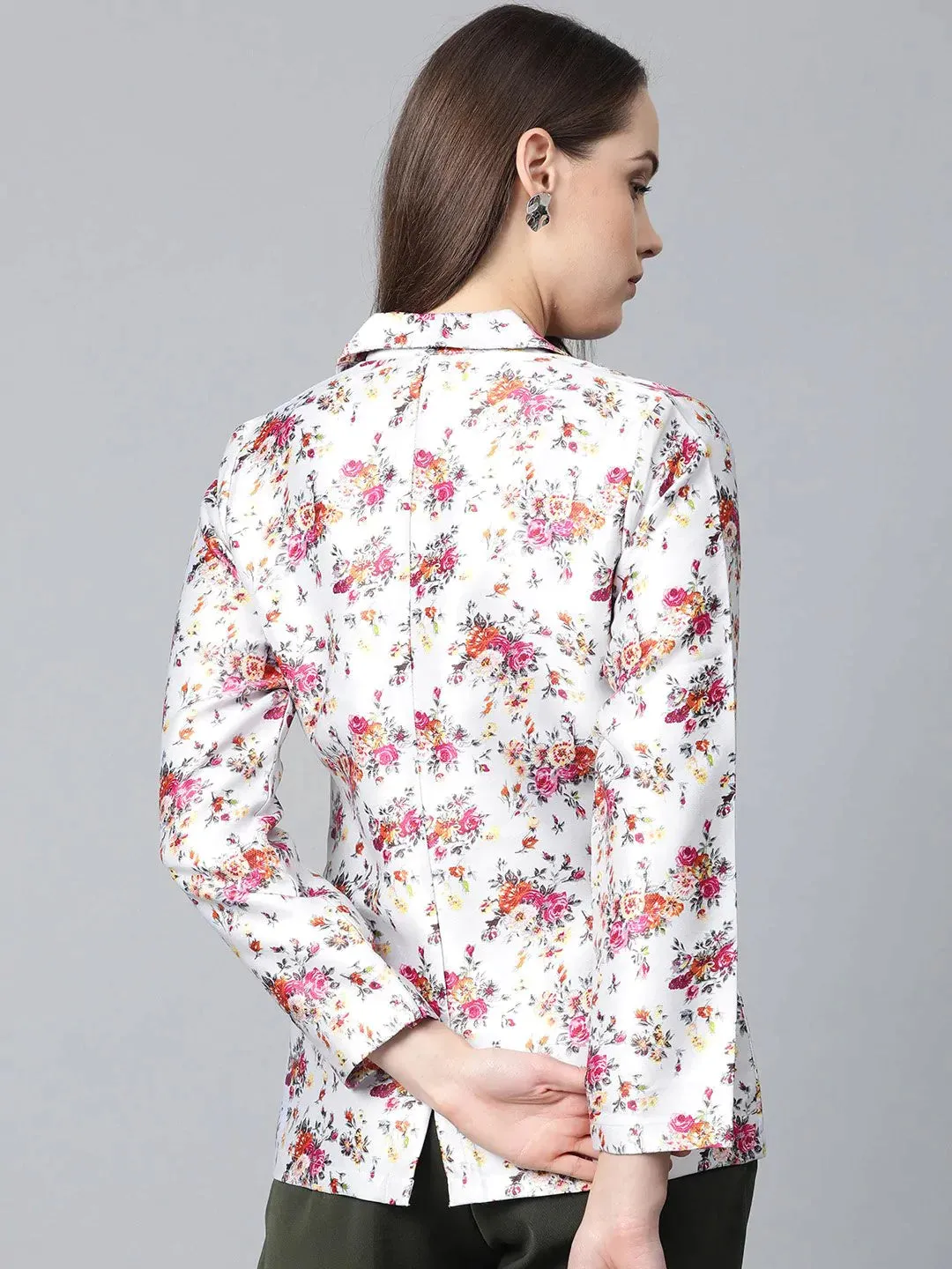 Women Grey & Pink Satin Floral Print Single-Breasted Casual Blazer