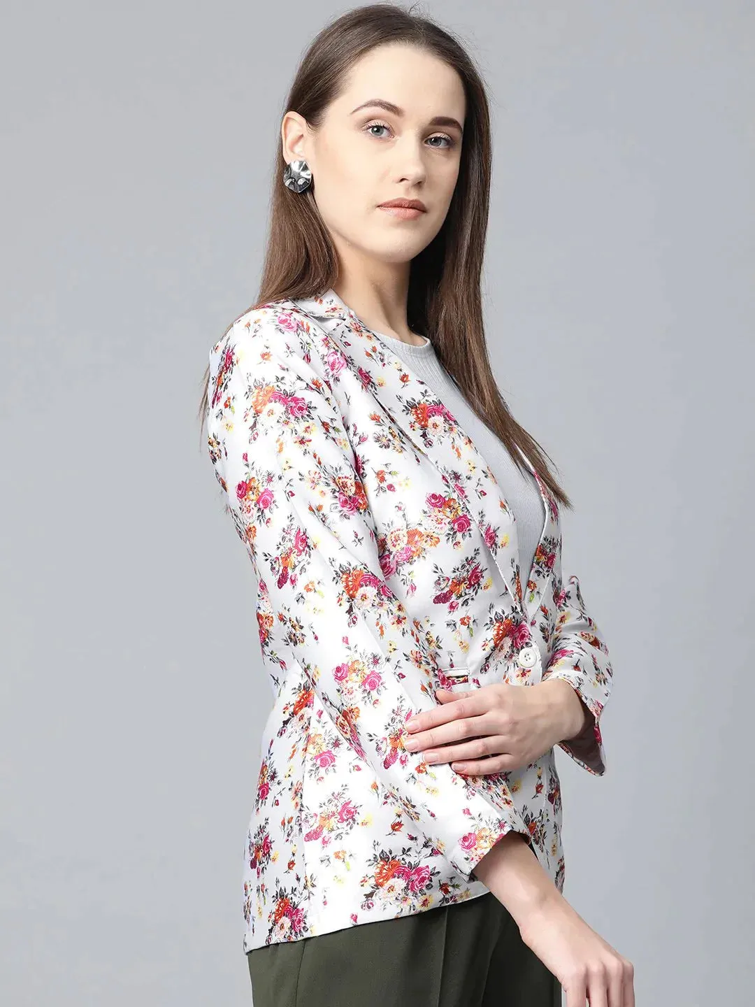 Women Grey & Pink Satin Floral Print Single-Breasted Casual Blazer