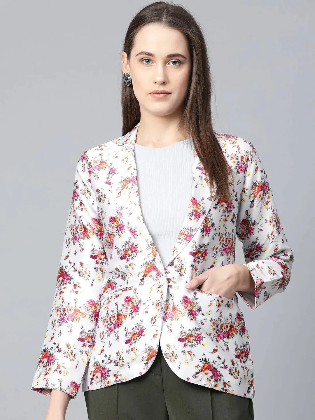 Women Grey & Pink Satin Floral Print Single-Breasted Casual Blazer